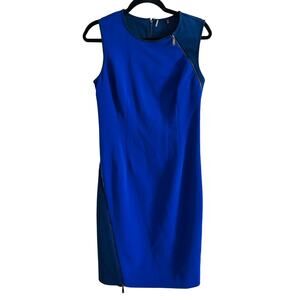 ELIE TAHARI Navy Cobalt Blue Colorblock Zipper-Detail Sheath Bodycon Dress Sz 6